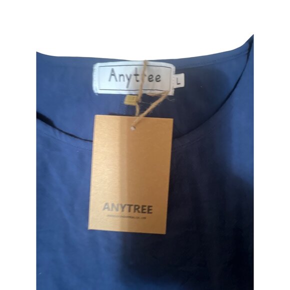 Anytree Navy Blue Cotton Linen Boxy Top & Wide Leg Pants Lounge Set L NWT - Picture 5 of 6